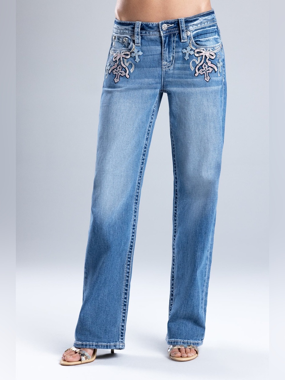 Miss Me Aurora Y2K Embellished Slim Wide Leg Jeans Cross Bow Rhinestone Denim 23